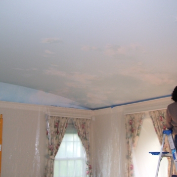 Jennifer painting a cloud ceiling.