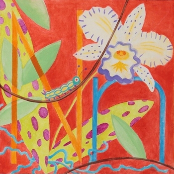 Child's painting - flowers and catepillar
