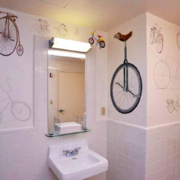 Bicycle mural in a public restroom.