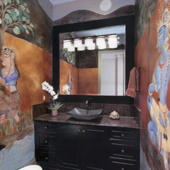 Jennifer painted this powder room mural, depicting the Hindu god Krishna coming down to earth to seduce a milkmaid.